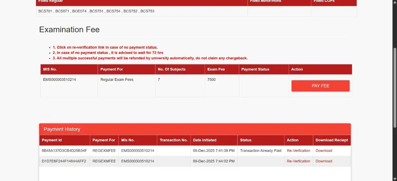 Pay exam fees