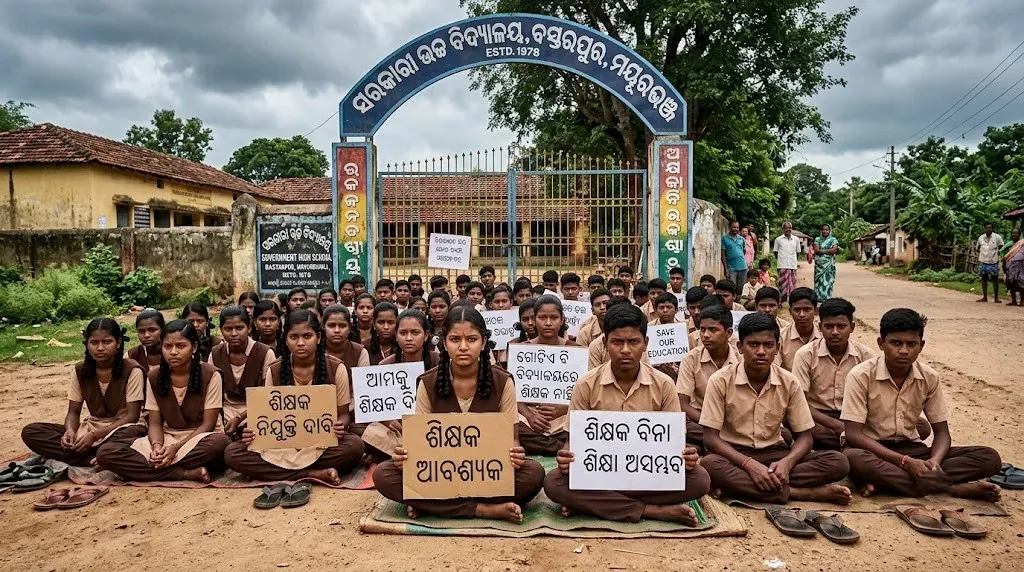 Students of Krushak High School in Dompada, Banki (Odisha) protest against severe teacher shortage