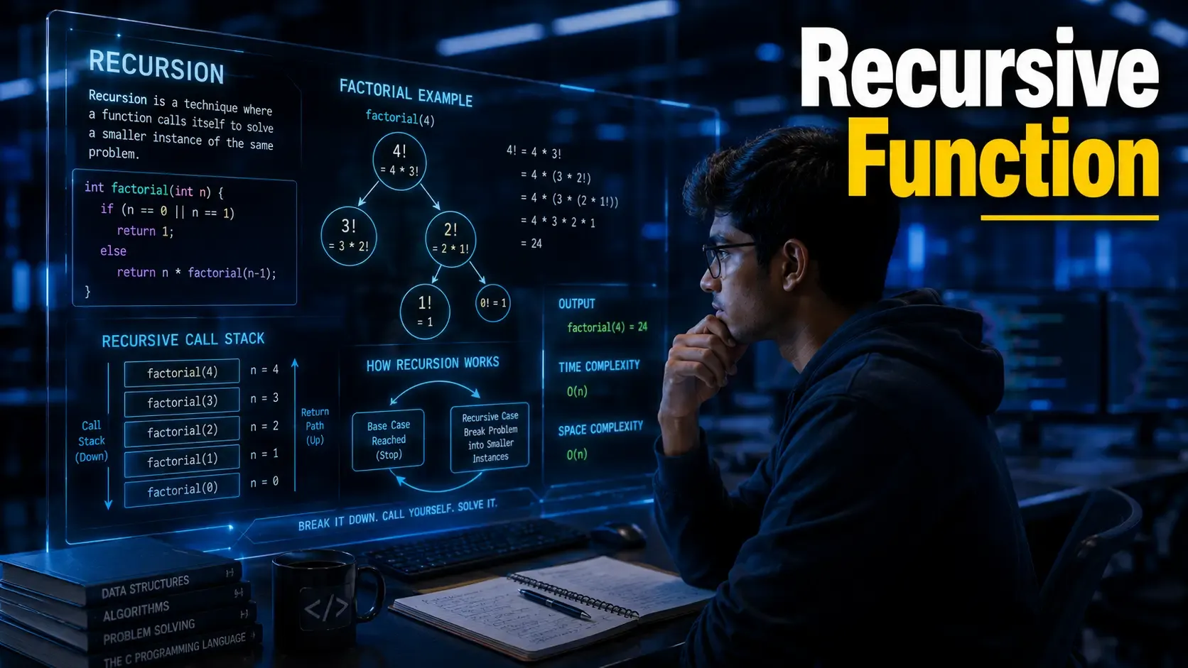 Define recursive function. Write a program to find factorial of a number with recursive function.