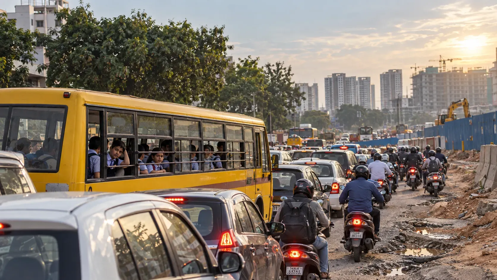 School Buses Crawl for Hours on Varthur-Gunjur Stretch as Students Face Long Commutes