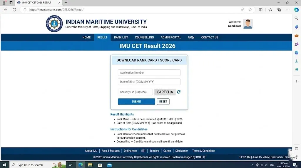 Indian Maritime University CET Result 2026 declared: Check counselling schedule and admission process